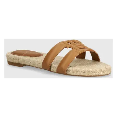 Kožené pantofle Tommy Hilfiger TH EMBOSS FLAT ESP SANDAL dámské, hnědá barva, FW0FW07928