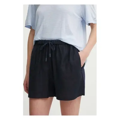 Plátěné kraťasy Tommy Hilfiger tmavomodrá barva, hladké, high waist, WW0WW41376