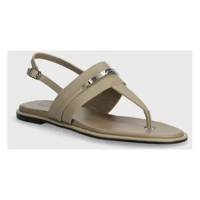 Kožené sandály Calvin Klein FLAT TP SANDAL METAL BAR LTH dámské, béžová barva, HW0HW02031