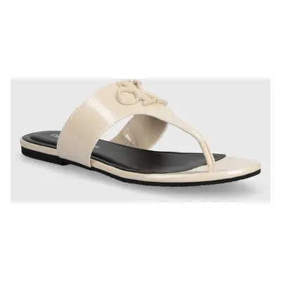 Žabky Calvin Klein Jeans FLAT SANDAL SLIDE TOEPOST MG MET dámské, béžová barva, na plochém podpa