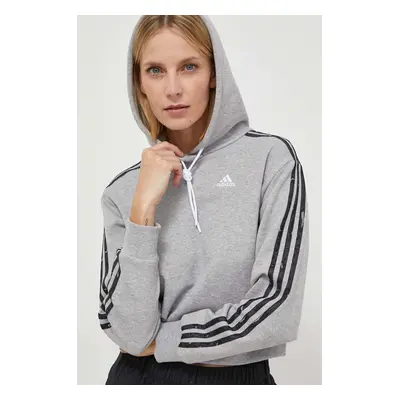 Bavlněná mikina adidas dámská, šedá barva, s kapucí, s potiskem, IN9931