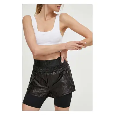 Kraťasy EA7 Emporio Armani dámské, černá barva, hladké, high waist