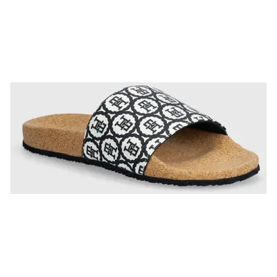 Pantofle Tommy Hilfiger TH EMBLEM CORK SLIDE dámské, tmavomodrá barva, FW0FW07848