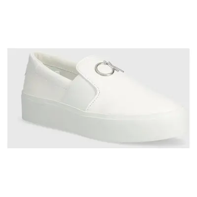 Kožené tenisky Calvin Klein FLATFORM CUP SLIP ON RE LOCK LTH dámské, bílá barva, HW0HW02057