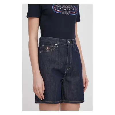 Džínové šortky Tommy Hilfiger dámské, tmavomodrá barva, hladké, high waist, WW0WW41325