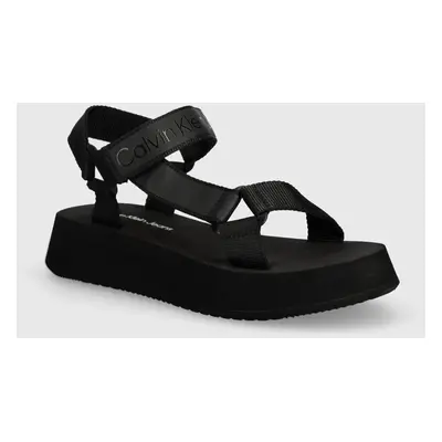 Sandály Calvin Klein Jeans SANDAL VELCRO WEBBING DC dámské, černá barva, na platformě, YW0YW0135