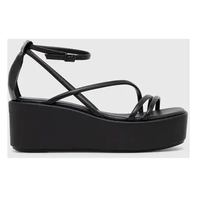 Kožené sandály Calvin Klein WEDGE SANDAL 30 LTH dámské, černá barva, na platformě, HW0HW01949