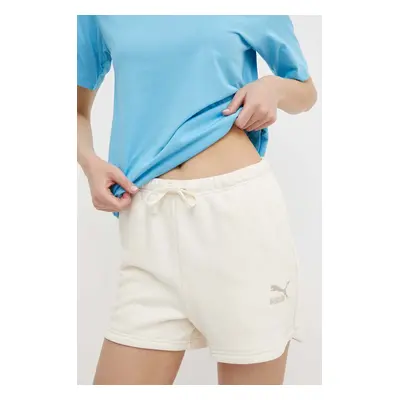 Bavlněné šortky Puma BETTER CLASSIC béžová barva, s aplikací, high waist, 624236