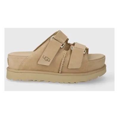 Semišové pantofle UGG Goldenstar Hi Slide dámské, béžová barva, na platformě, 1155458