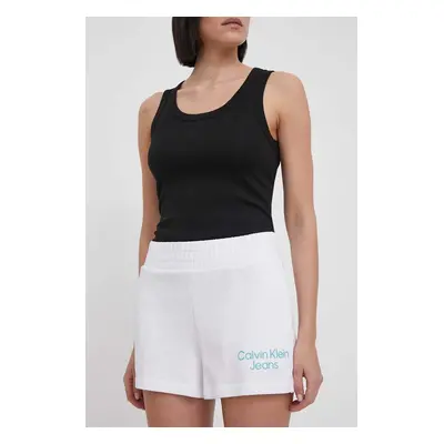 Bavlněné šortky Calvin Klein Jeans bílá barva, s potiskem, high waist, J20J223136