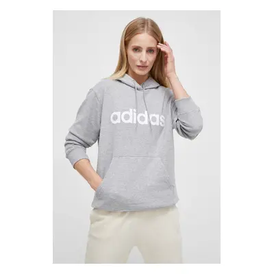 Bavlněná mikina adidas dámská, šedá barva, s kapucí, s potiskem, IC6884