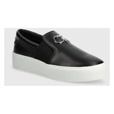 Kožené tenisky Calvin Klein FLATFORM CUP SLIP ON RE LOCK LTH dámské, černá barva, HW0HW02057