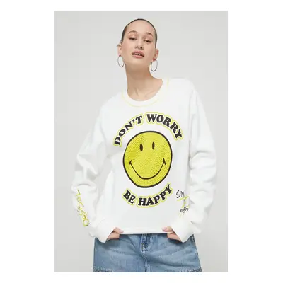 Bavlněná mikina Desigual x Smiley dámská, bílá barva, s potiskem, 24SWSK58