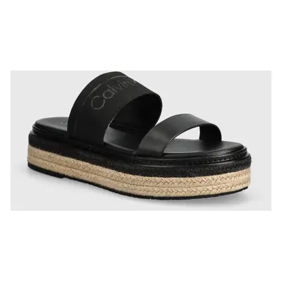 Pantofle Calvin Klein WEDGE SLIDE HE dámské, černá barva, na platformě, HW0HW01966