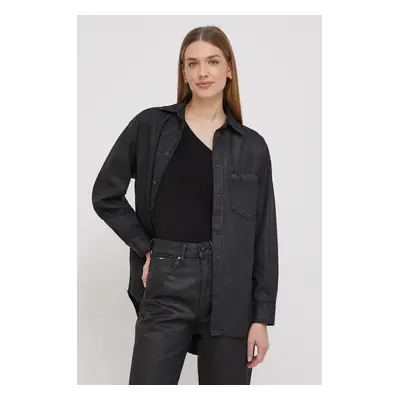 Košile Pepe Jeans ALIX COATED černá barva, relaxed, s klasickým límcem, PL304729