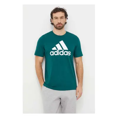 Bavlněné tričko adidas zelená barva, s potiskem, IS1300