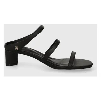 Kožené pantofle Tommy Hilfiger TH STRAP LEATHER MID HEEL dámské, černá barva, na podpatku, FW0FW