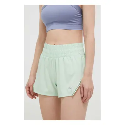 Běžecké šortky Puma zelená barva, s potiskem, high waist