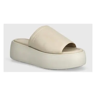 Kožené pantofle Calvin Klein FLATFORM SLIDE LTH dámské, béžová barva, na platformě, HW0HW01943