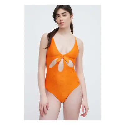 Jednodílné plavky Pepe Jeans WAVE KNOT SWIMSUIT oranžová barva, měkký košík, PLB10489