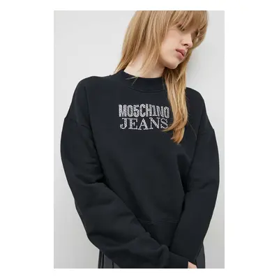 Bavlněná mikina Moschino Jeans dámská, černá barva, s aplikací