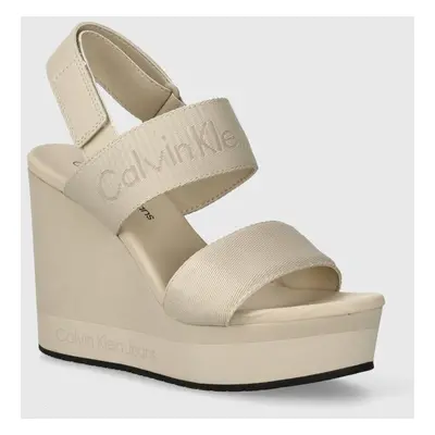 Sandály Calvin Klein Jeans WEDGE SANDAL WEBBING IN MR béžová barva, YW0YW01360