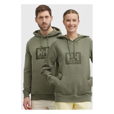 Bavlněná mikina Helly Hansen zelená barva, s kapucí, s potiskem, 53289