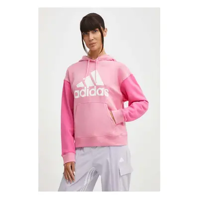 Bavlněná mikina adidas dámská, růžová barva, s kapucí, s potiskem, IR5450