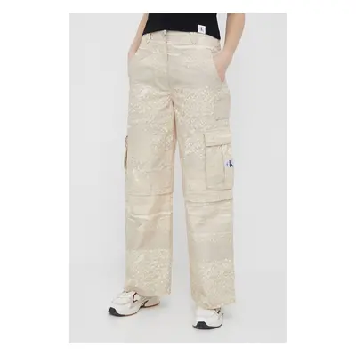 Bavlněné kalhoty Calvin Klein Jeans béžová barva, široké, high waist