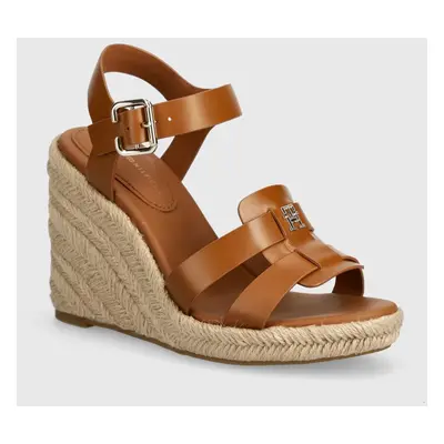 Kožené sandály Tommy Hilfiger ESPADRILLE HIGH WEDGE LEATHER hnědá barva, FW0FW07925