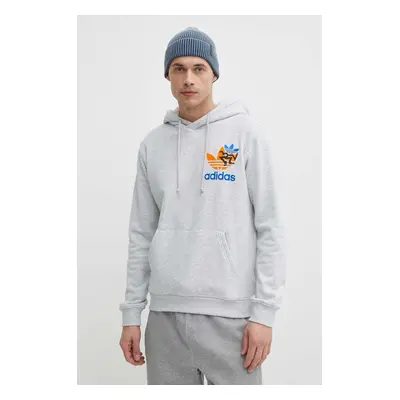 Bavlněná mikina adidas Originals pánská, šedá barva, s kapucí, s potiskem, IS2913