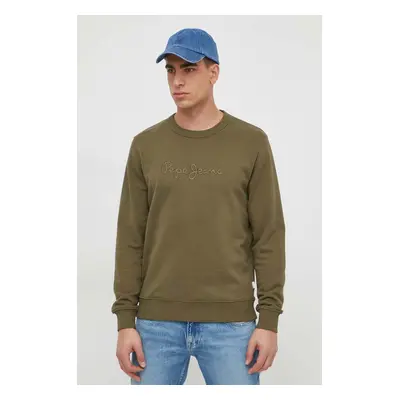 Bavlněná mikina Pepe Jeans Joe Crew pánská, zelená barva, s aplikací, PM582574