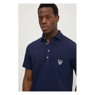 Bavlněné polo tričko Polo Ralph Lauren tmavomodrá barva, s aplikací, 710952180