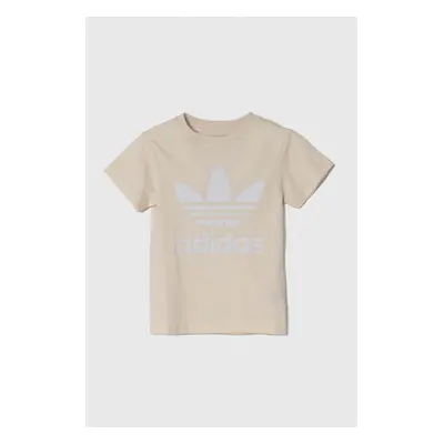 Dětské bavlněné tričko adidas Originals TREFOIL TEE béžová barva, s potiskem