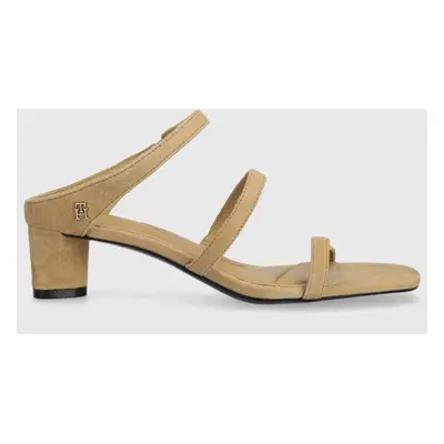 Semišové pantofle Tommy Hilfiger TH STRAP SUEDE MID HEEL dámské, béžová barva, na podpatku, FW0F