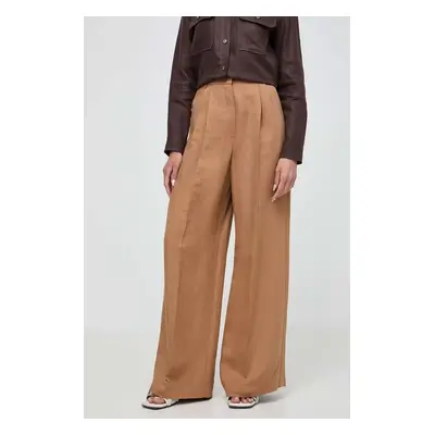 Kalhoty s lněnou směsí Weekend Max Mara hnědá barva, široké, high waist, 2415131062600