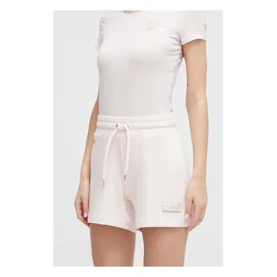 Kraťasy EA7 Emporio Armani dámské, růžová barva, s aplikací, high waist