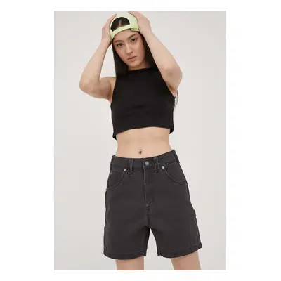 Džínové šortky Dickies dámské, černá barva, hladké, high waist