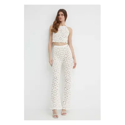 Bavlněné kalhoty Twinset béžová barva, zvony, high waist