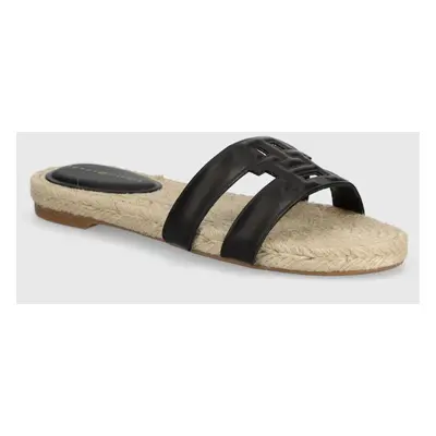 Kožené pantofle Tommy Hilfiger TH EMBOSS FLAT ESP SANDAL dámské, černá barva, FW0FW07928