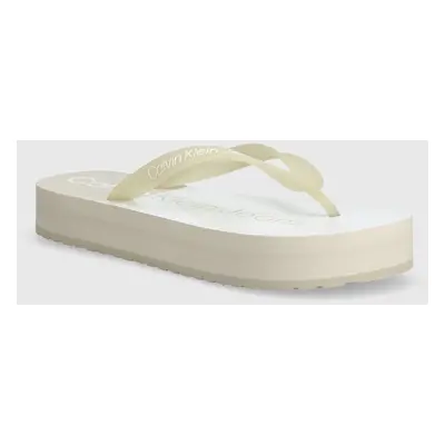 Žabky Calvin Klein Jeans BEACH SANDAL FLATFORM MONOLOGO dámské, béžová barva, na platformě, YW0Y