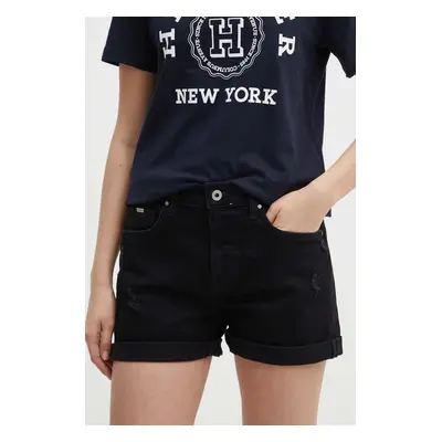 Džínové šortky Pepe Jeans STRAIGHT SHORT HW dámské, černá barva, hladké, high waist, PL801108XG8