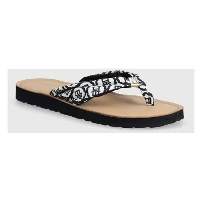 Žabky Tommy Hilfiger TH EMBLEM ELEVATED BEACH SANDAL dámské, tmavomodrá barva, na plochém podpat