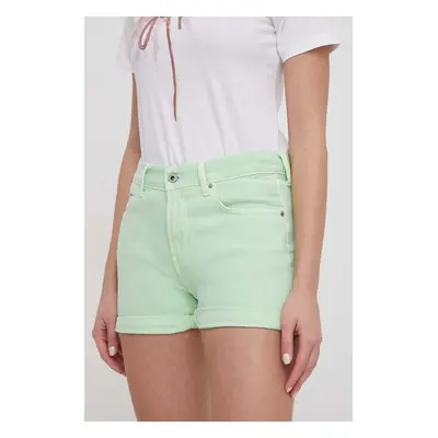 Džínové šortky Pepe Jeans STRAIGHT SHORT HW dámské, zelená barva, hladké, high waist, PL801108YH