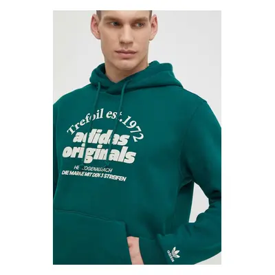 Mikina adidas Originals pánská, zelená barva, s kapucí, s potiskem, IS1412