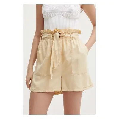 Kraťasy Pepe Jeans ESTRELLA dámské, béžová barva, hladké, high waist, PL801102