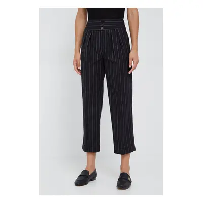 Vlněné kalhoty Lauren Ralph Lauren dámské, černá barva, jednoduché, high waist