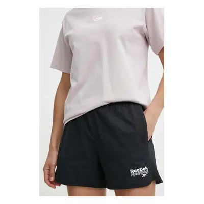 Bavlněné šortky Reebok černá barva, s potiskem, high waist, 100075406