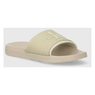 Pantofle Calvin Klein Jeans SLIDE MONOGRAM TPU ML WN dámské, béžová barva, YW0YW00585