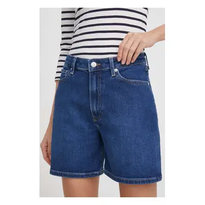 Džínové šortky Tommy Hilfiger dámské, tmavomodrá barva, hladké, high waist, WW0WW41320